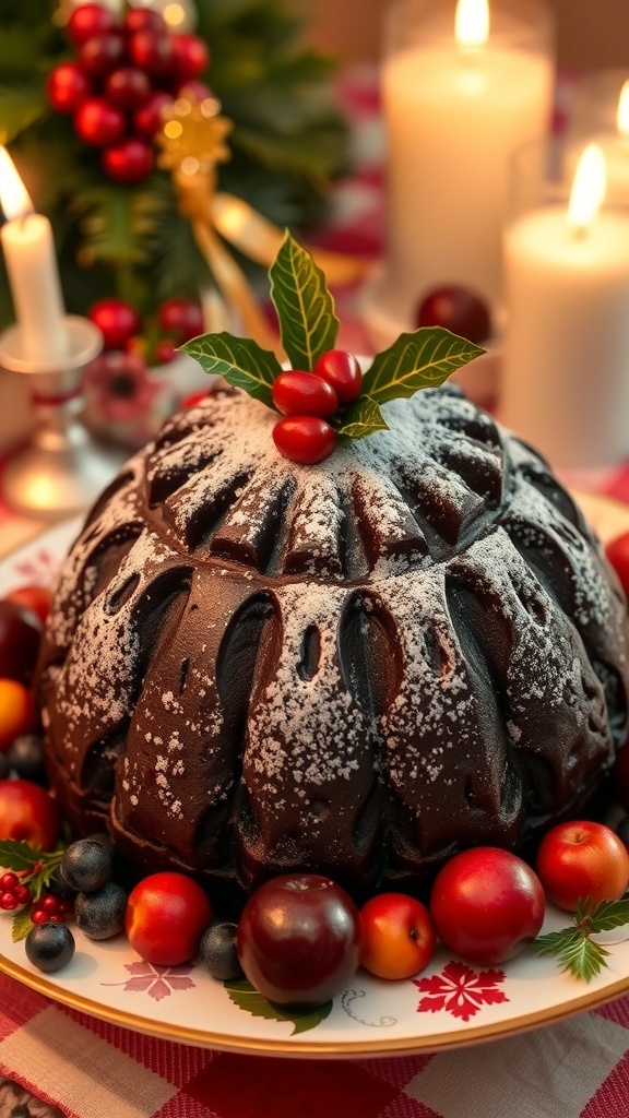 Christmas Pudding Recipe A traditional Christmas pudding decorated with holly and powdered sugar, surrounded by festive fruits.